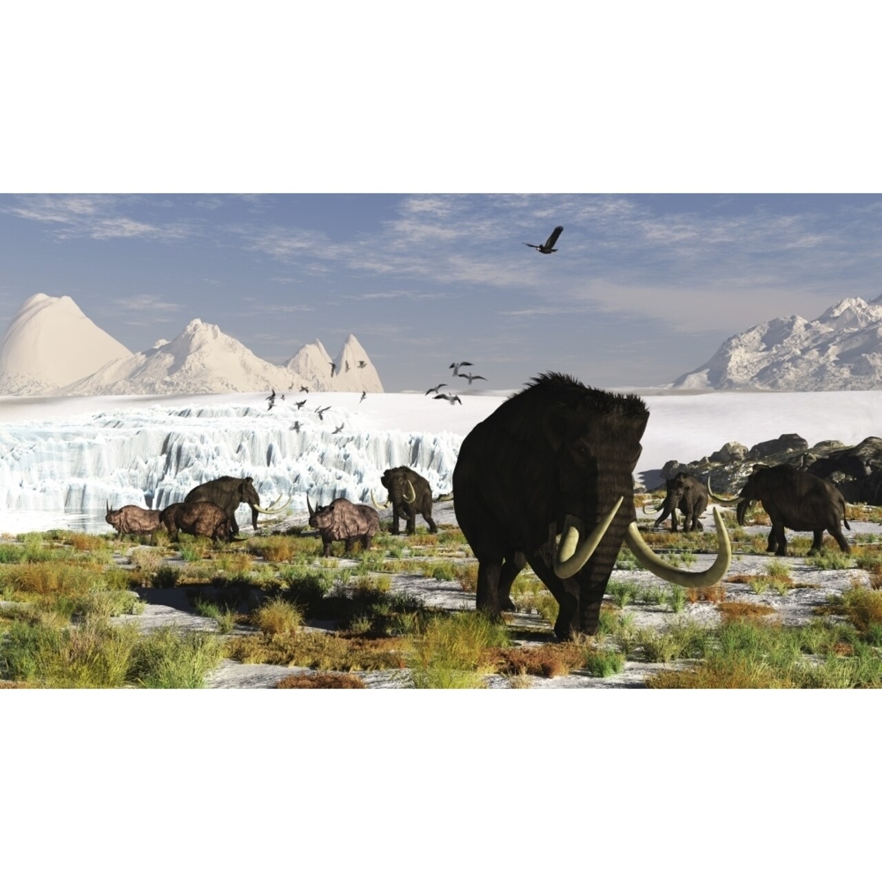 Woolly Mammoths And Woolly Rhinos In A Prehistoric Landscape Poster Print
